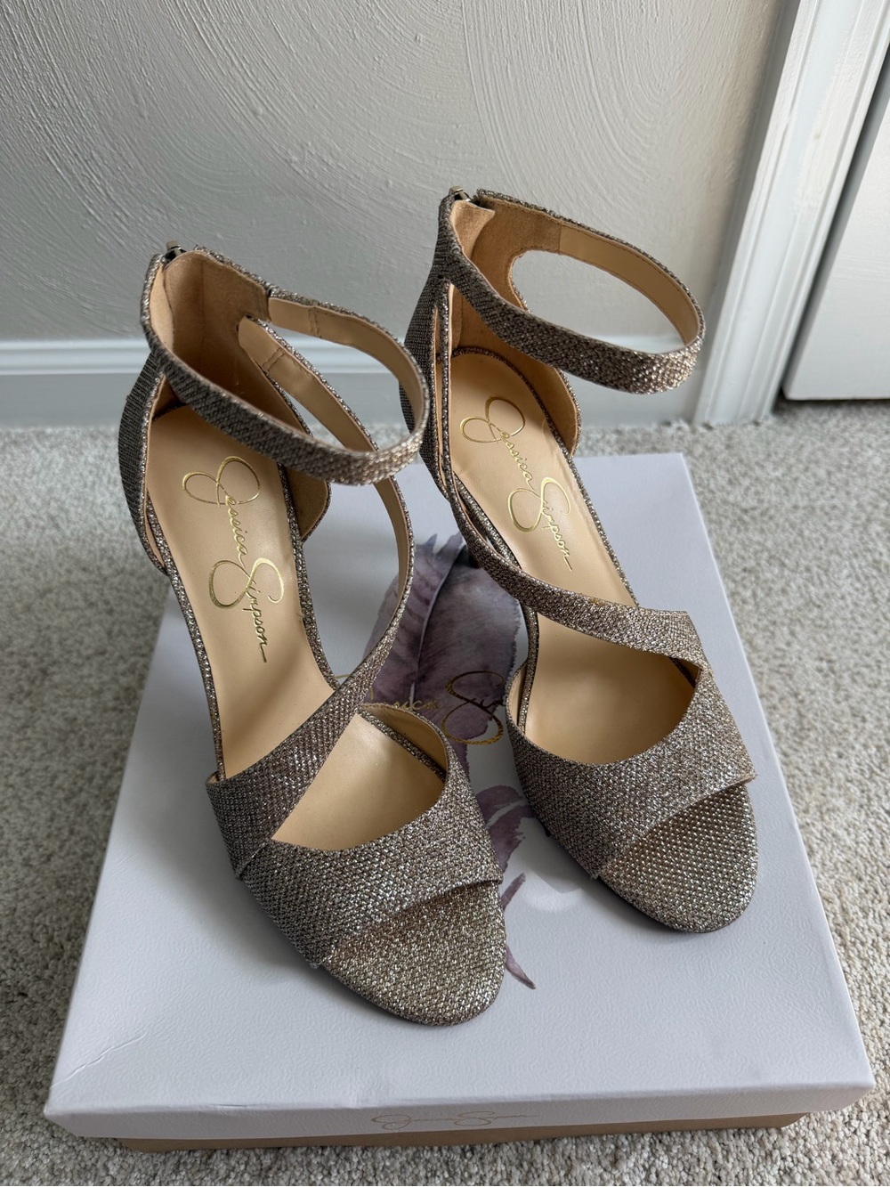 Jessica Simpson Glitter Strappy Sandal Heels in Champagne